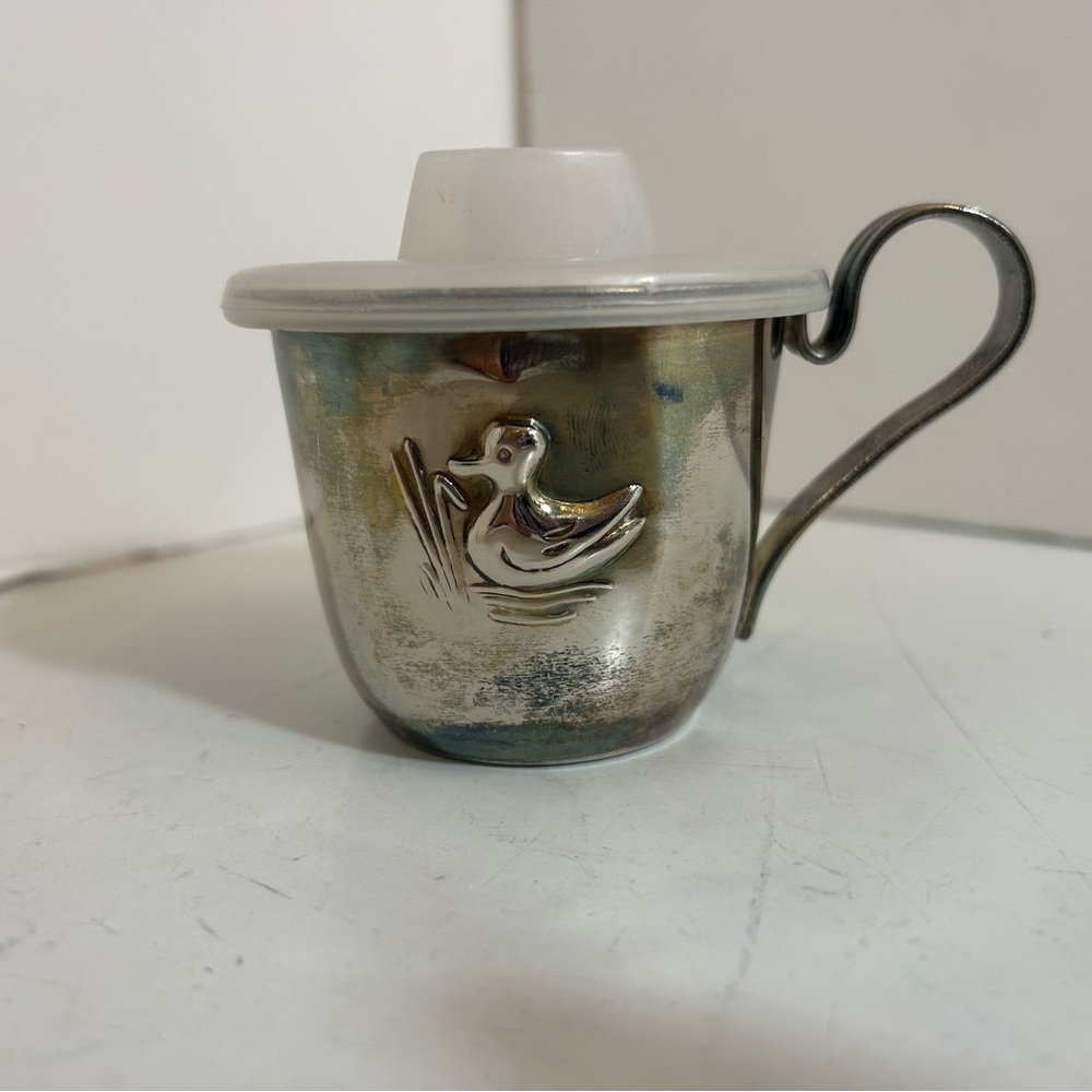 Vintage elegance silver plated duckling kids child sippy cup with handle & lid
